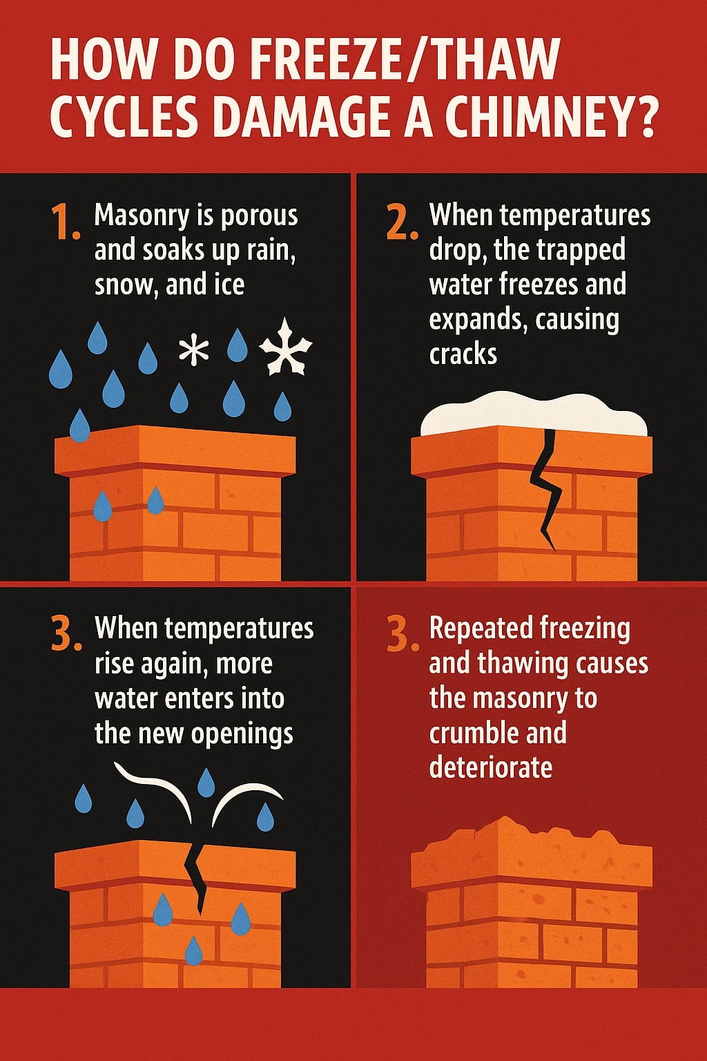 Original infographic explaining how freeze/thaw cycles damage a chimney, designed with a red background and four illustrated panels showing an orange brick chimney. The title at the top reads “HOW DO FREEZE/THAW CYCLES DAMAGE A CHIMNEY?” in bold white text. Each step is numbered in orange and white, with black or red backgrounds. Step 1 shows blue raindrops and a white snowflake above the chimney with text “Masonry is porous and soaks up rain, snow, and ice.” Step 2 shows the chimney with a large black crack and snow on top, captioned “When temperatures drop, the trapped water freezes and expands, causing cracks.” Step 3 depicts a cracked chimney with more blue water drops entering, saying “When temperatures rise again, more water enters into the new openings.” The final panel shows a deteriorated, crumbling chimney with text “Repeated freezing and thawing causes the masonry to crumble and deteriorate.”<br />
