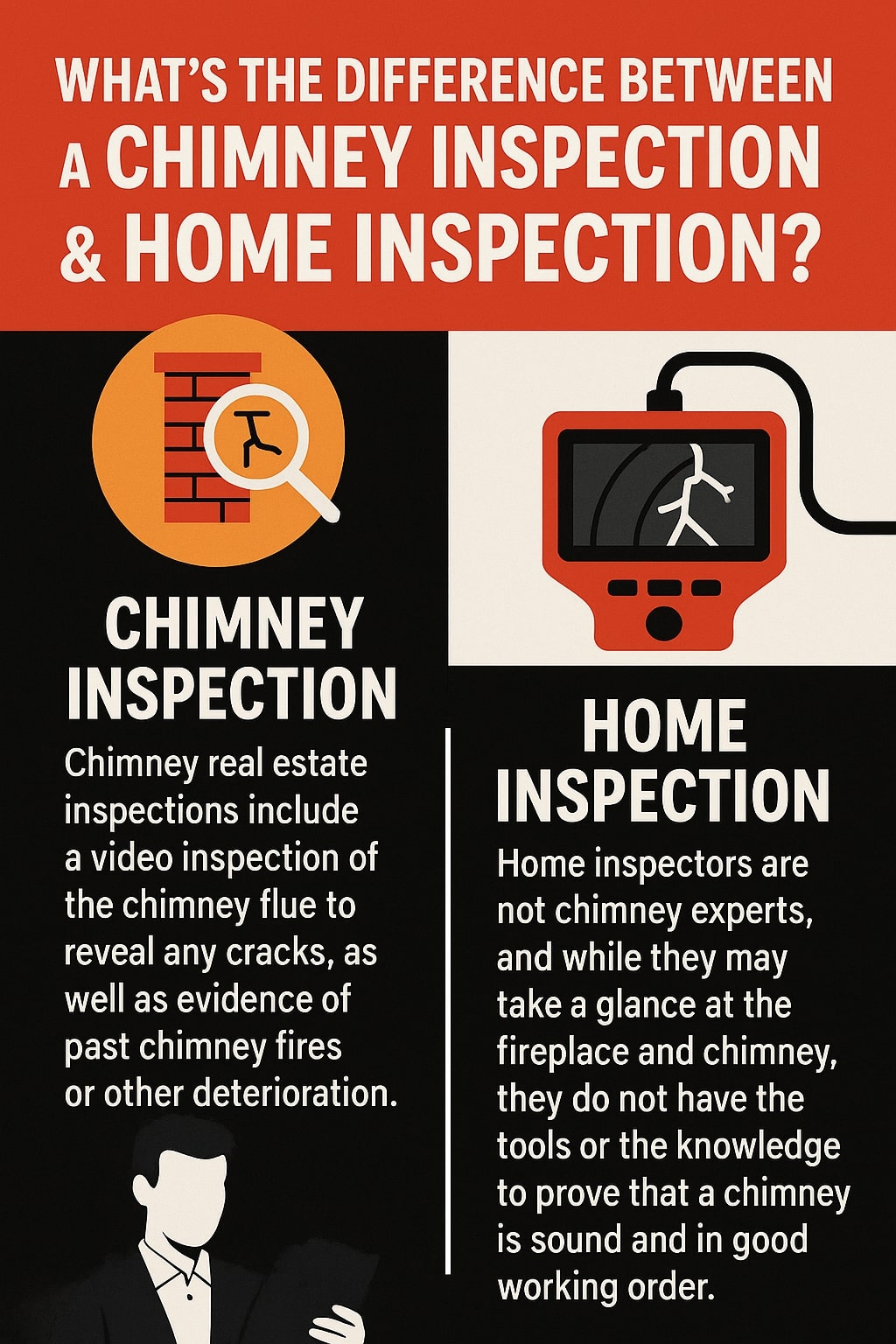 original infographic compares a chimney inspection and a home inspection using bold red, black, white, and orange colors. The top section asks in white bold text on a red background, “WHAT’S THE DIFFERENCE BETWEEN A CHIMNEY INSPECTION & HOME INSPECTION?” The left side has an orange circle with a red brick chimney and a magnifying glass icon, labeled “CHIMNEY INSPECTION.” Below, white text on a black background explains that chimney inspections include a video inspection of the flue to check for cracks, past fires, or deterioration. The right side shows a red inspection camera with a black screen and white crack lines, labeled “HOME INSPECTION.” Below, white text on a black background states that home inspectors are not chimney experts and do not have the tools or knowledge to confirm chimney condition. The infographic features clear contrast and a professional layout emphasizing the difference in inspection expertise.<br />
