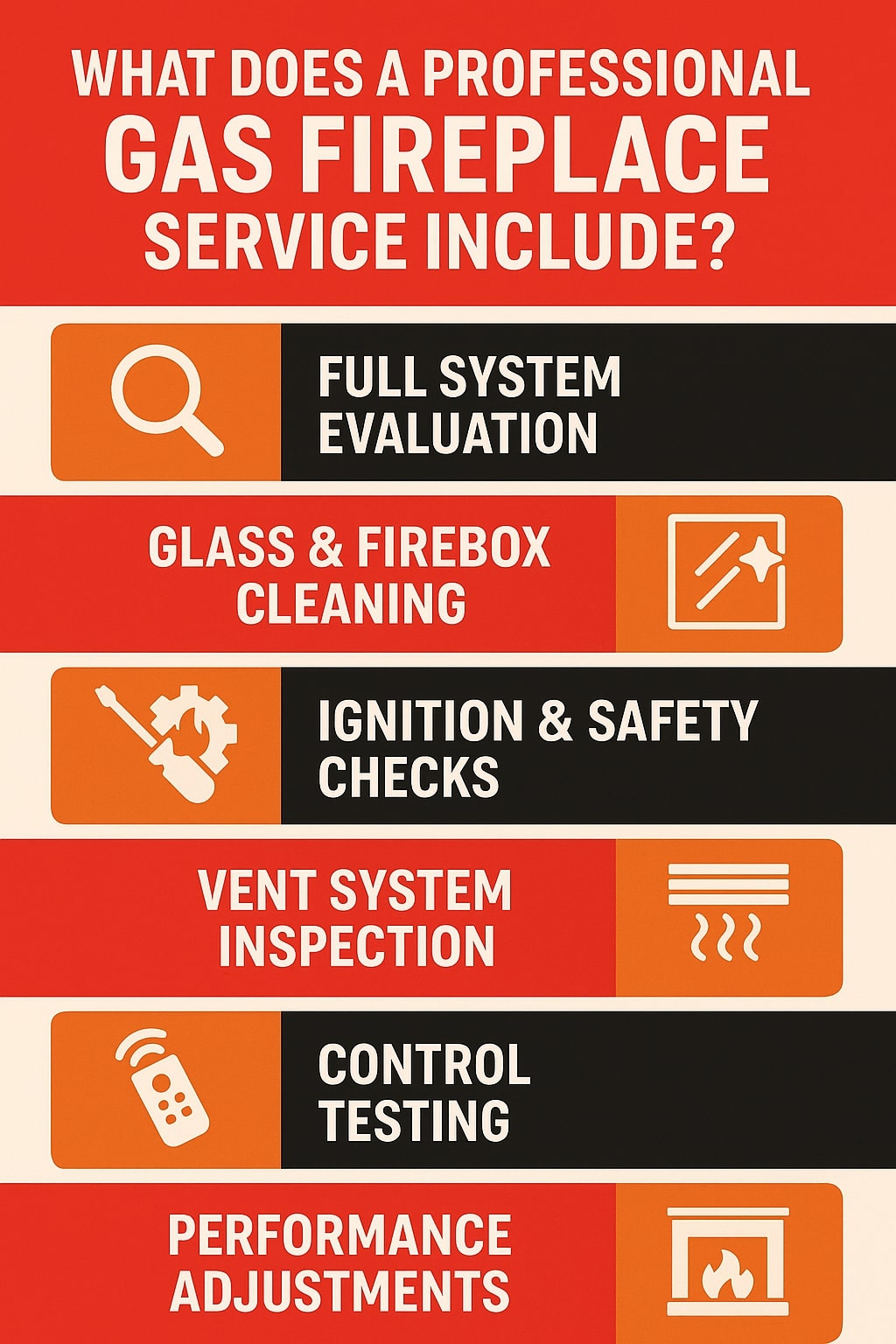 original infographic with a bold red, black, and cream color scheme explains “What Does a Professional Gas Fireplace Service Include?” The design is divided into horizontal sections, each with a cream-colored icon on an orange background and matching text boxes. Sections include: a magnifying glass icon with “Full System Evaluation” in white on a black box; a sparkling glass icon with “Glass & Firebox Cleaning” in white on a red box; a screwdriver and flame icon with “Ignition & Safety Checks” in white on a black box; three horizontal vent lines with heat waves icon beside “Vent System Inspection” in white on a red box; a remote control icon with “Control Testing” in white on a black box; and finally a fireplace icon with “Performance Adjustments” in white on a red box. The layout is clean and modern with bold uppercase text for clarity.<br />
