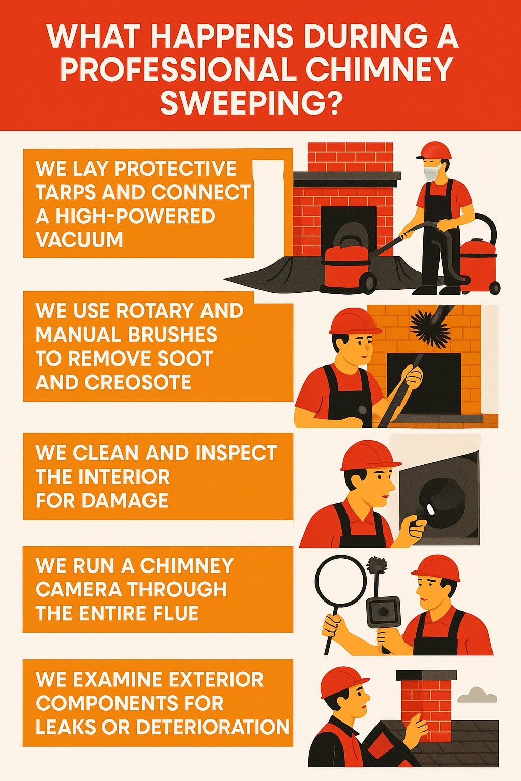 original infographic shows a bright, illustrated design with shades of red, orange, black, and cream featuring chimney sweeps at work. The title at the top reads “What Happens During a Professional Chimney Sweeping?” in bold white text on a red background. Each step appears in white text on orange rectangles with corresponding illustrations beside them: a worker laying tarps and using a vacuum near a brick fireplace, another using rotary brushes to clean soot, another inspecting the chimney interior with a flashlight, two workers using a chimney camera, and one examining the exterior brick chimney on a rooftop. The overall style is clean, modern, and instructional, using simple geometric shapes and flat colors to convey professionalism and clarity.<br />

