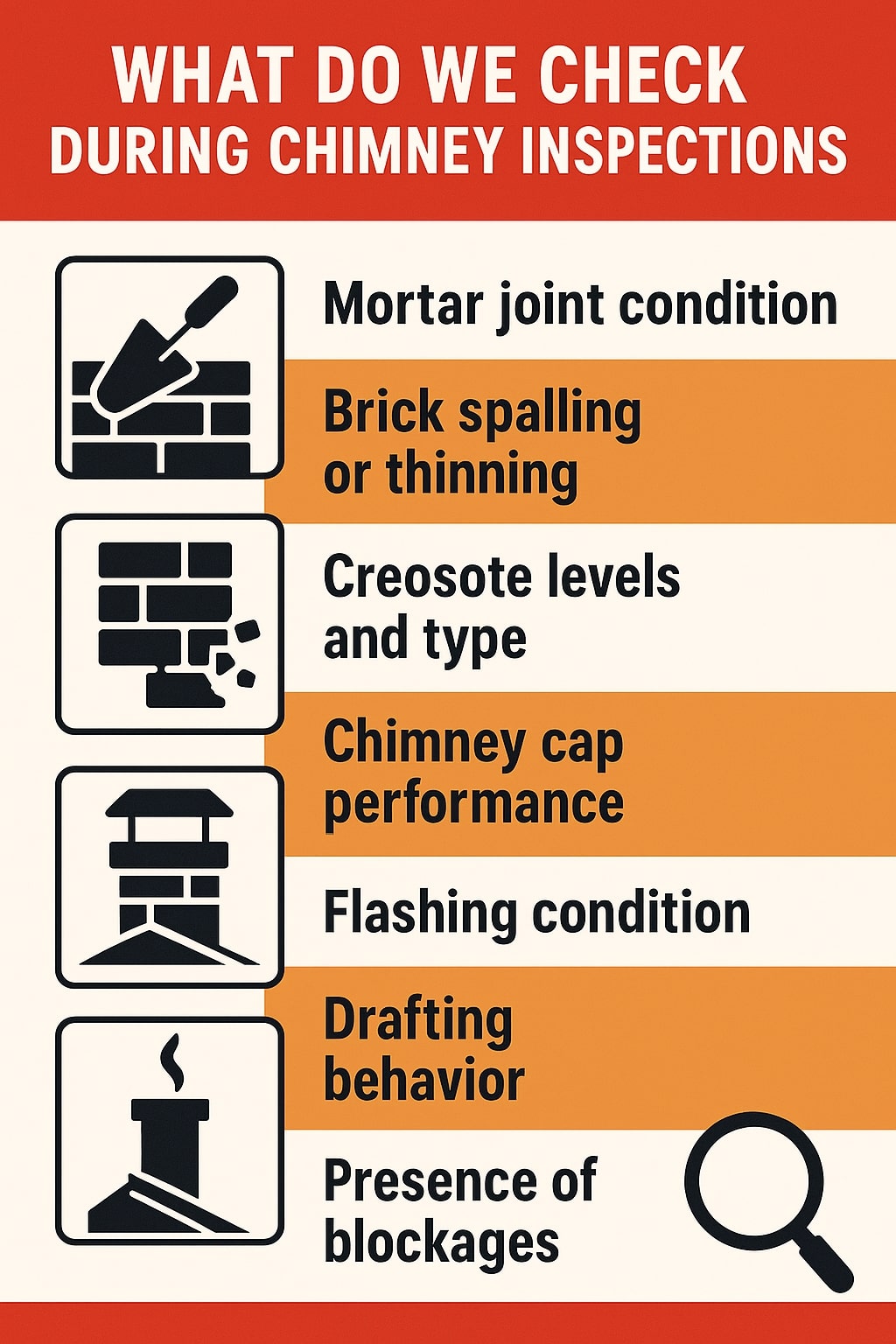 original infographic showing a vertical chimney-inspection checklist with a bold red header reading “WHAT DO WE CHECK DURING CHIMNEY INSPECTIONS,” followed by alternating cream and orange bands listing items alongside black icons; from top to bottom: a trowel over brick pattern labeled “Mortar joint condition,” cracked bricks labeled “Brick spalling or thinning,” crumbling brick pieces labeled “Creosote levels and type,” a chimney cap icon labeled “Chimney cap performance,” a roof-line flashing icon labeled “Flashing condition,” a smoking chimney labeled “Drafting behavior,” and finally a large magnifying-glass icon beside the text “Presence of blockages,” all using clean sans-serif fonts and simple black-outline graphics on a cream background with red top and bottom borders.